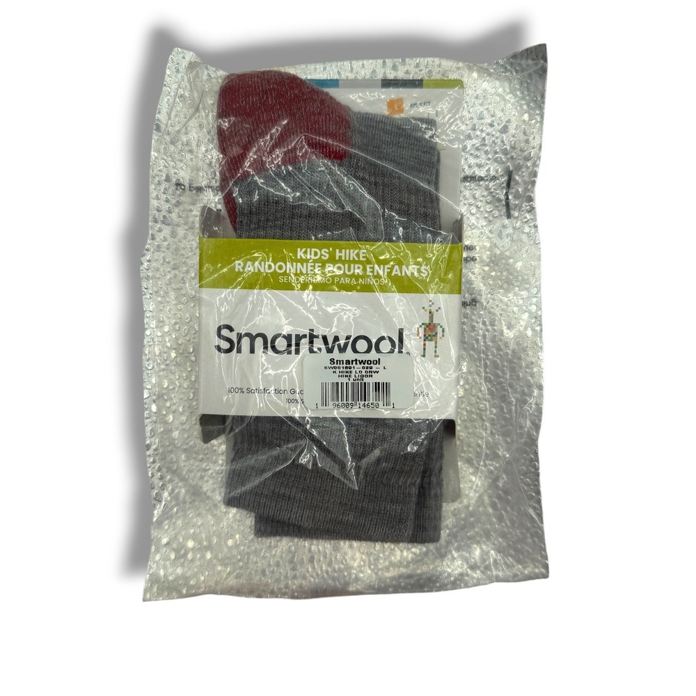 Smartwool Hike Light Crew Socks Kids Large Light Gray Red Merino Wool SW051039